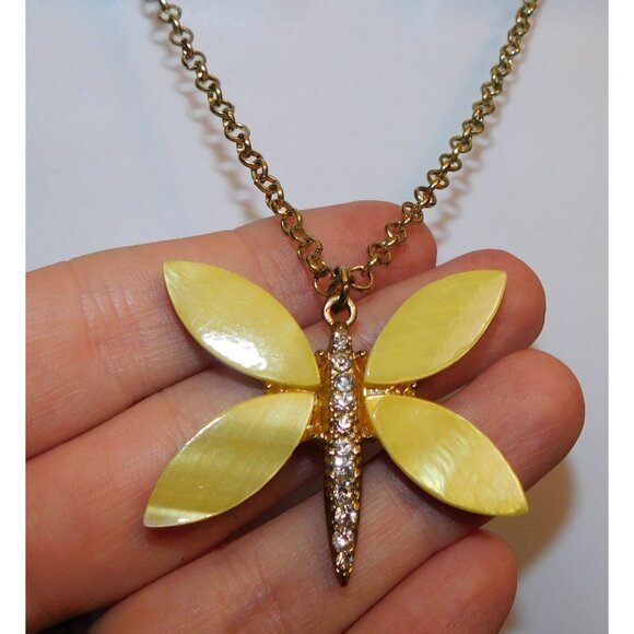 Fairycore Yellow Butterfly Shell And Rhinestone Pendant Necklace - Picture 1 of 5
